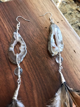 Load image into Gallery viewer, Agate Slice Feather Earrings w/ Clear Fluorite wrapped in Fine Silver Wire
