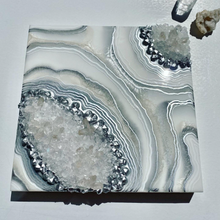 Load image into Gallery viewer, Silver Pearl & White Geode w/ Clear Quartz 12" x 12" x 3"