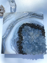 Load image into Gallery viewer, White & Silver Geode with Celestine & Pyrite Crystals 8" x 8" x 2.75"