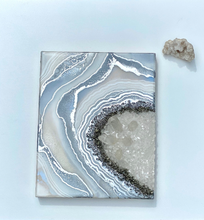 Load image into Gallery viewer, White & Silver Geode with Clear Quartz & Pyrite Crystals 8" x 10" x 2.25"