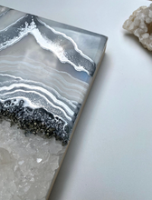 Load image into Gallery viewer, White &amp; Silver Geode with Clear Quartz &amp; Pyrite Crystals 8&quot; x 10&quot; x 2.25&quot;
