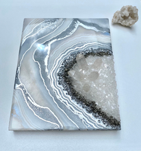 Load image into Gallery viewer, White &amp; Silver Geode with Clear Quartz &amp; Pyrite Crystals 8&quot; x 10&quot; x 2.25&quot;
