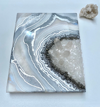 Load image into Gallery viewer, White & Silver Geode with Clear Quartz & Pyrite Crystals 8" x 10" x 2.25"