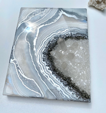 Load image into Gallery viewer, White & Silver Geode with Clear Quartz & Pyrite Crystals 8" x 10" x 2.25"