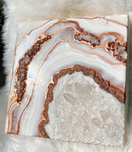 Load image into Gallery viewer, Copper, White, & Pearl Geode with Clear Quartz Crystals 12" x 12" x 3"