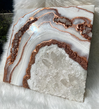 Load image into Gallery viewer, Copper, White, & Pearl Geode with Clear Quartz Crystals 12" x 12" x 3"