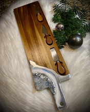 Load image into Gallery viewer, Acacia Charcuterie Board w/ Knives - White & Silver w/ Celestite & Clear Quartz - 22" x 6" x 1.75"
