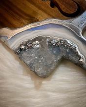 Load image into Gallery viewer, Acacia Charcuterie Board w/ Knives - White & Silver w/ Celestite & Clear Quartz - 22" x 6" x 1.75"
