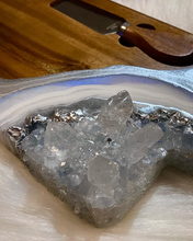 Load image into Gallery viewer, Acacia Charcuterie Board w/ Knives - White & Silver w/ Celestite & Clear Quartz - 22" x 6" x 1.75"