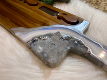 Load image into Gallery viewer, Acacia Charcuterie Board w/ Knives - White & Silver w/ Celestite & Clear Quartz - 22" x 6" x 1.75"