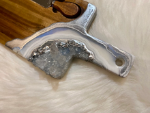 Load image into Gallery viewer, Acacia Charcuterie Board w/ Knives - White & Silver w/ Celestite & Clear Quartz - 22" x 6" x 1.75"