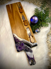 Load image into Gallery viewer, Charcuterie Board - Black & Silver w/ Amethyst Crystals - 22" x 6" x 1.75"