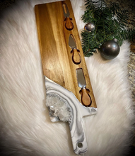 Load image into Gallery viewer, Acacia Charcuterie Board w/ knives - White & Silver w/ Clear Quartz - 22" x 6" x 1.75"
