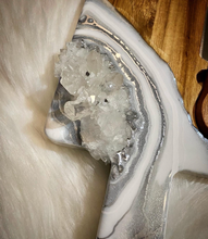 Load image into Gallery viewer, Acacia Charcuterie Board w/ knives - White & Silver w/ Clear Quartz - 22" x 6" x 1.75"