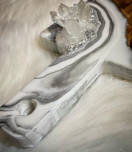 Load image into Gallery viewer, Acacia Charcuterie Board w/ knives - White & Silver w/ Clear Quartz - 22" x 6" x 1.75"