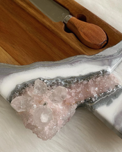 Load image into Gallery viewer, Charcuterie Board w/ Knives - White &amp; Silver w/ Lavender Rose Quartz - 22&quot; x 6&quot; x 1.75&quot;
