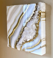 Load image into Gallery viewer, Gold & White Geode Inspired Wall art with Clear Quartz Points 10" x 10"