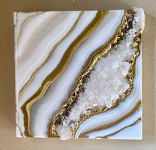 Load image into Gallery viewer, Gold &amp; White Geode Inspired Wall art with Clear Quartz Points 10&quot; x 10&quot;
