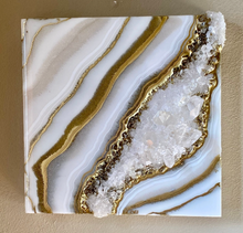 Load image into Gallery viewer, Gold & White Geode Inspired Wall art with Clear Quartz Points 10" x 10"