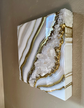 Load image into Gallery viewer, Gold & White Geode Inspired Wall art with Clear Quartz Points 10" x 10"