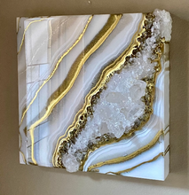Load image into Gallery viewer, Gold &amp; White Geode Inspired Wall art with Clear Quartz Points 10&quot; x 10&quot;
