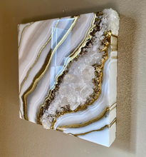Load image into Gallery viewer, Gold & White Geode Inspired Wall art with Clear Quartz Points 10" x 10"