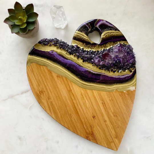 Black Gold & Purple Heart Shaped Bamboo Charcuterie Board - Amethyst
