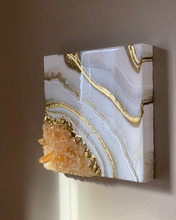 Load image into Gallery viewer, Gold & White Geode Inspired Wall art with Citrine & Tangerine Quartz Points 10" x 10" x 3"