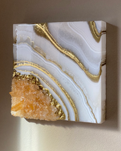 Load image into Gallery viewer, Gold & White Geode Inspired Wall art with Citrine & Tangerine Quartz Points 10" x 10" x 3"