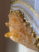 Load image into Gallery viewer, Gold & White Geode Inspired Wall art with Citrine & Tangerine Quartz Points 10" x 10" x 3"