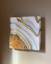 Load image into Gallery viewer, Gold & White Geode Inspired Wall art with Citrine & Tangerine Quartz Points 10" x 10" x 3"