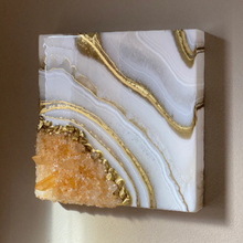 Load image into Gallery viewer, Gold & White Geode Inspired Wall art with Citrine & Tangerine Quartz Points 10" x 10" x 3"