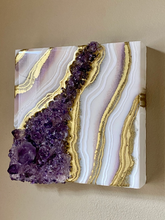Load image into Gallery viewer, White & Gold Geode with Brazilian Amethyst Crystals 8" x 8" x 3.4"