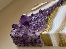 Load image into Gallery viewer, White & Gold Geode with Brazilian Amethyst Crystals 8" x 8" x 3.4"