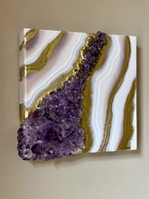 Load image into Gallery viewer, White & Gold Geode with Brazilian Amethyst Crystals 8" x 8" x 3.4"