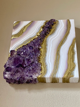Load image into Gallery viewer, White & Gold Geode with Brazilian Amethyst Crystals 8" x 8" x 3.4"
