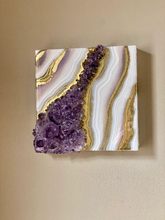 Load image into Gallery viewer, White & Gold Geode with Brazilian Amethyst Crystals 8" x 8" x 3.4"