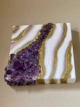 Load image into Gallery viewer, White & Gold Geode with Brazilian Amethyst Crystals 8" x 8" x 3.4"