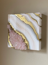 Load image into Gallery viewer, White & Gold Geode with Lavender Rose Quartz Crystals 8" x 8" x 2.75"