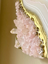Load image into Gallery viewer, White & Gold Geode with Lavender Rose Quartz Crystals 8" x 8" x 2.75"