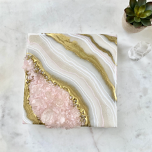 Load image into Gallery viewer, White & Gold Geode with Lavender Rose Quartz Crystals 8" x 8" x 2.75"