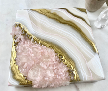 Load image into Gallery viewer, White & Gold Geode with Lavender Rose Quartz Crystals 8" x 8" x 2.75"