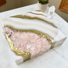 Load image into Gallery viewer, White & Gold Geode with Lavender Rose Quartz Crystals 8" x 8" x 2.75"