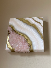 Load image into Gallery viewer, White & Gold Geode with Lavender Rose Quartz Crystals 8" x 8" x 2.75"