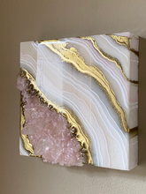 Load image into Gallery viewer, White & Gold Geode with Lavender Rose Quartz Crystals 8" x 8" x 2.75"