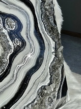 Load image into Gallery viewer, Silver, White & Black Geode Panel w/ Clear Quartz & Pyrite 24" x 12" x 3"