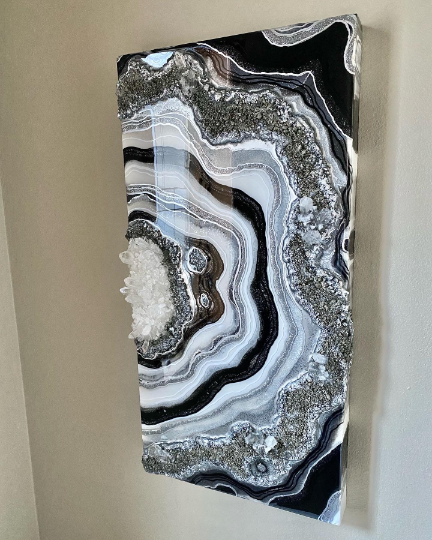 Silver, White & Black Geode Panel w/ Clear Quartz & Pyrite 24