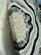 Load image into Gallery viewer, Silver, White & Black Geode Panel w/ Clear Quartz & Pyrite 24" x 12" x 3"