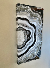 Load image into Gallery viewer, Silver, White & Black Geode Panel w/ Clear Quartz & Pyrite 24" x 12" x 3"