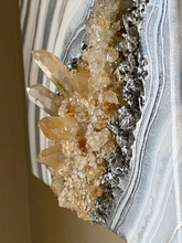 Load image into Gallery viewer, Silver & White Geode Wall Art w/ Citrine & Tangerine Quartz Points 12" x 12" x 3.75"